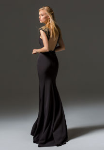 Style #347, fit-and-flare maxi evening gown with embellished straps and illusion low back, available in black, ivory, grey