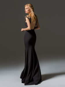 Style #347, fit-and-flare maxi evening gown with embellished straps and illusion low back, available in black, ivory, grey