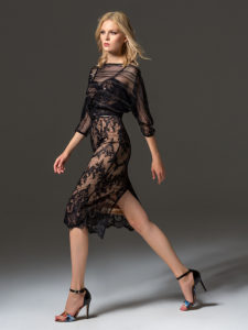 Style #348, three-quarter sleeve cocktail dress features sheer embroidered blouse with lace fitted skirt, available in black