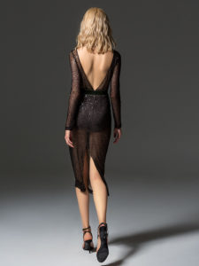 Style #349, long sleeve sequined evening gown features flower 3D embroidery on the top, velvet belt, open V-back, and sheer knee-length skirt, available in black