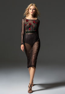 Style #349, long sleeve sequined evening gown features flower 3D embroidery on the top, velvet belt, open V-back, and sheer knee-length skirt, available in black