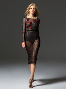 Style #349, long sleeve sequined evening gown features flower 3D embroidery on the top, velvet belt, open V-back, and sheer knee-length skirt, available in black