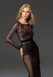 Style #349, long sleeve sequined evening gown features flower 3D embroidery on the top, velvet belt, open V-back, and sheer knee-length skirt, available in black
