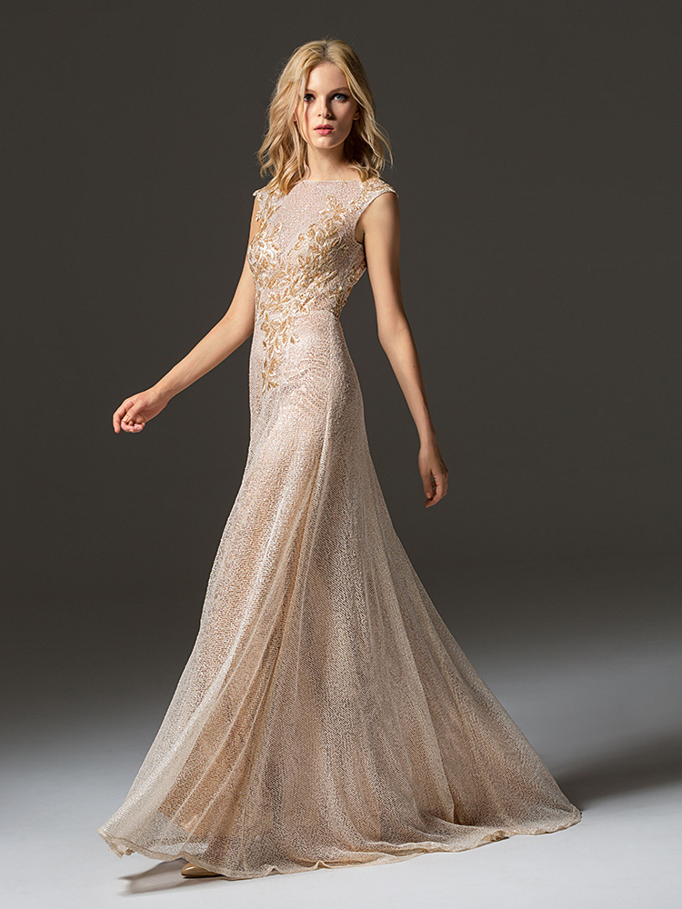 Style #351, sequined maxi gown with floral embroidery on the top, available in black, beige