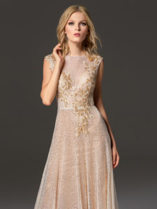Style #351, sequined maxi gown with floral embroidery on the top, available in black, beige