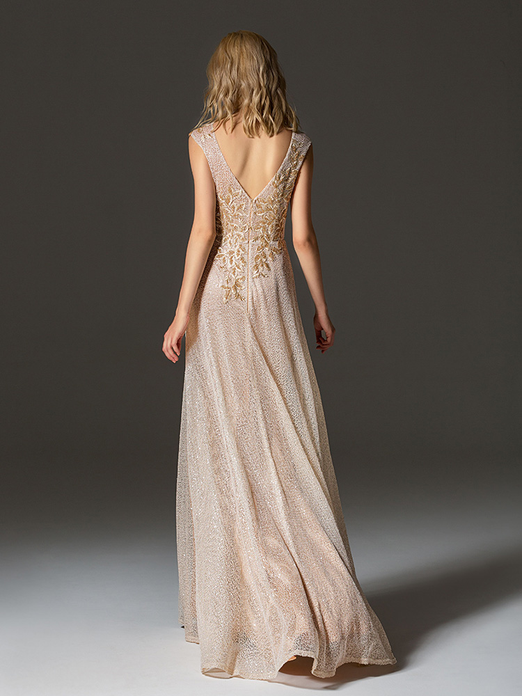 Style #351, sequined maxi gown with floral embroidery on the top, available in black, beige