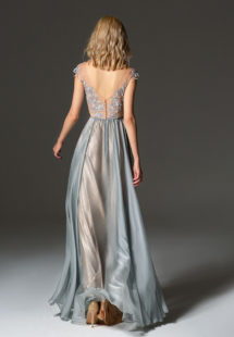 Style #352, cap sleeve evening gown features an illusion neckline, beaded embroidery on the top, and illusion V-back, available in grey, smoky pink, burgundy, ivory