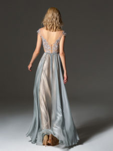 Style #352, cap sleeve evening gown features an illusion neckline, beaded embroidery on the top, and illusion V-back, available in grey (chiffon), smoky pink, burgundy, ivory