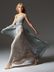 Style #352, cap sleeve evening gown features an illusion neckline, beaded embroidery on the top, and illusion V-back, available in grey(chiffon), smoky pink, burgundy, ivory
