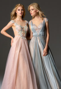Style #352, cap sleeve evening gown features an illusion neckline, beaded embroidery on the top, and illusion V-back, available in grey, smoky pink, burgundy, ivory. Style #363, illusion neckline A-line evening gown with cap sleeves, embroidered top and V-back, available in green, pink