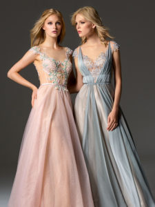 Style #352, cap sleeve evening gown features an illusion neckline, beaded embroidery on the top, and illusion V-back, available in grey(chiffon), smoky pink, burgundy, ivory. Style #363, illusion neckline A-line evening gown with cap sleeves, embroidered top and V-back, available in green, pink