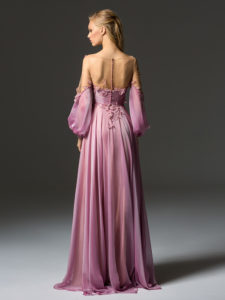 Style #353, bishop sleeve evening gown features an illusion neckline and 3-D floral embroidery, available in ivory, grey, coral, burgundy, pink-lilac
