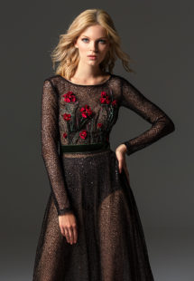 Style #354, long sleeve sequinned evening gown features flower 3-D embroidery on the top, velvet belt, keyhole open back, and a full-length sheer skirt, available in black