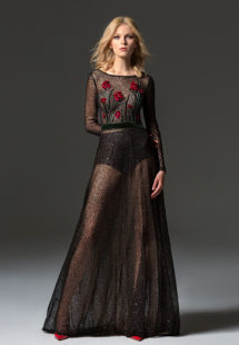 Style #354, long sleeve sequinned evening gown features flower 3-D embroidery on the top, velvet belt, keyhole open back, and a full-length sheer skirt, available in black