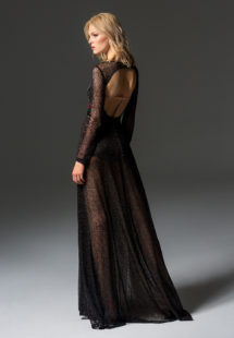 Style #354, long sleeve sequinned evening gown features flower 3-D embroidery on the top, velvet belt, keyhole open back, and a full-length sheer skirt, available in black