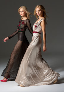 Style #354, long sleeve sequinned evening gown features flower 3D embroidery on the top, velvet belt, keyhole open back, and a full-length sheer skirt. Style #355, illusion plunging neckline evening gown with floral embroidered top and velvet belt. Styles are available in black, beige