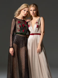 Style #354, long sleeve sequinned evening gown features flower 3D embroidery on the top, velvet belt, keyhole open back, and a full-length sheer skirt. Style #355, illusion plunging neckline evening gown with floral embroidered top and velvet belt. Styles are available in black, beige