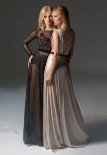 Style #354, long sleeve sequinned evening gown features flower 3D embroidery on the top, velvet belt, keyhole open back, and a full-length sheer skirt. Style #355, illusion plunging neckline evening gown with floral embroidered top and velvet belt. Styles are available in black, beige