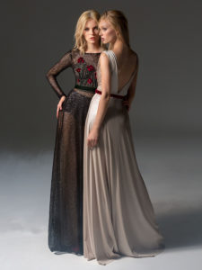 Style #354, long sleeve sequinned evening gown features flower 3D embroidery on the top, velvet belt, keyhole open back, and a full-length sheer skirt. Style #355, illusion plunging neckline evening gown with floral embroidered top and velvet belt. Styles are available in black, beige
