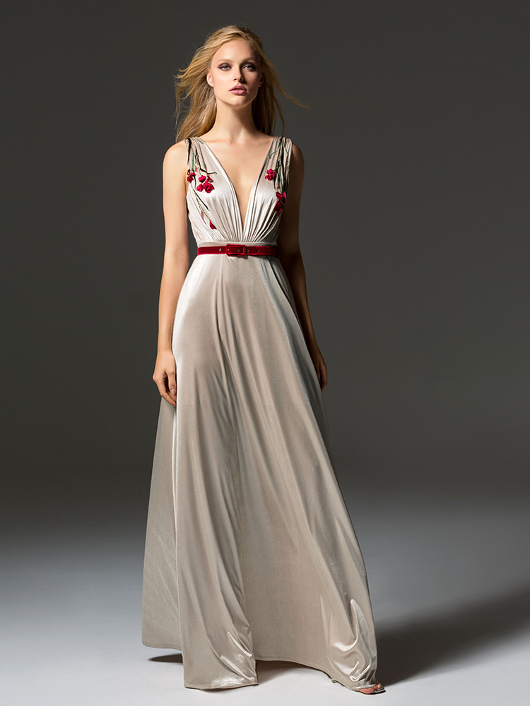 Style #355, illusion plunging neckline evening gown with floral embroidered top and velvet belt, available in black, beige