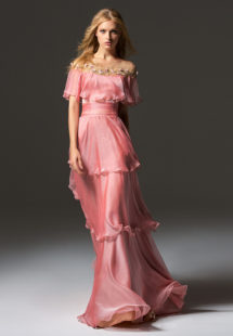 Style #357, off-the-shoulder evening gown with cape sleeves, illusion neckline and floral embroidery, available in ivory, grey, coral, burgundy, pink-lilac