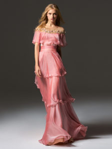 Style #357, off-the-shoulder evening gown with cape sleeves, illusion neckline and floral embroidery, available in ivory, grey, coral, burgundy, pink-lilac