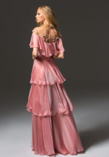 Style #357, off-the-shoulder evening gown with cape sleeves, illusion neckline and floral embroidery, available in ivory, grey, coral, burgundy, pink-lilac