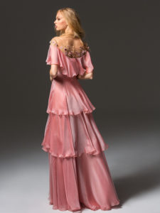 Style #357, off-the-shoulder evening gown with cape sleeves, illusion neckline and floral embroidery, available in ivory, grey, coral, burgundy, pink-lilac
