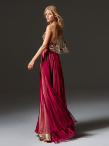 Style #358, strapless maxi dress comes with the flower embroidered cap sleeve blouse, available in ivory, grey, coral, burgundy, pink-lilac. Blouse available in nude color