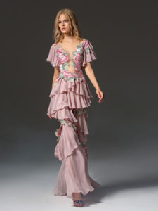 Style #359, butterfly sleeve ruffled evening dress with an illusion neckline and floral embroidery, available in pink-ivory