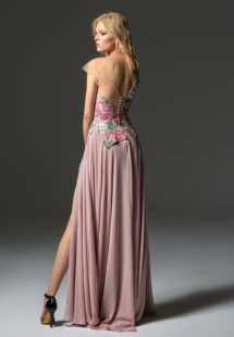 Style #360, cap sleeve maxi dress with an illusion neckline, embroidered top, and front slit on the skirt, available in pink-ivory