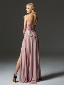 Style #360, cap sleeve maxi dress with an illusion neckline, embroidered top, and front slit on the skirt, available in pink-ivory
