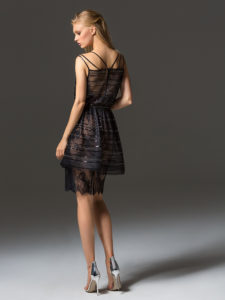 Style #361, knee-length lace cocktail dress with beaded overlay top and belt, available in black