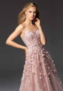 Style #362, spaghetti strap evening gown with leaf embroidery down the skirt, available in blush, pink, blue