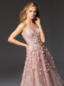 Style #362, spaghetti strap evening gown with leaf embroidery down the skirt, available in blush, pink, blue