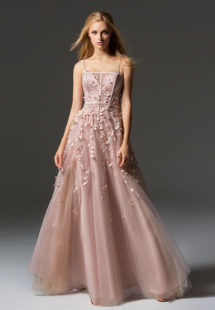 Style #362, spaghetti strap evening gown with leaf embroidery down the skirt, available in blush, pink, blue