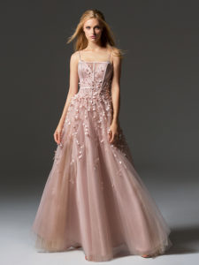 Style #362, spaghetti strap evening gown with leaf embroidery down the skirt, available in blush, pink, blue