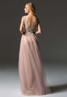 Style #363, illusion neckline A-line evening gown with cap sleeves, embroidered top and V-back, available in green, pink