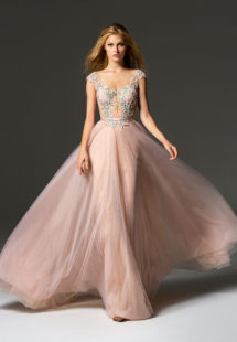 Style #363, illusion neckline A-line evening gown with cap sleeves, embroidered top and V-back, available in green, pink
