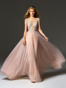 Style #363, illusion neckline A-line evening gown with cap sleeves, embroidered top and V-back, available in green, pink