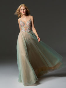 Style #364, spaghetti strap A-line maxi dress with illusion plunging neckline, embroidered top, and tulle flowy skirt, available in green, pink