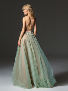 Style #364, spaghetti strap A-line maxi dress with illusion plunging neckline, embroidered top, and tulle flowy skirt, available in green, pink