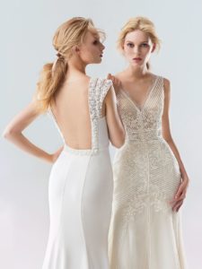 Style #18/1901L, fit-and-flare wedding gown with embellished straps and low illusion back. Style #18/1903L, sequined lace fit-and-flare wedding dress with low V-back and embroidery down the tulle skirt. Both styles are available in ivory