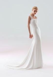 Style #18/1901L, fit-and-flare wedding gown with embellished straps and low illusion back, available in ivory