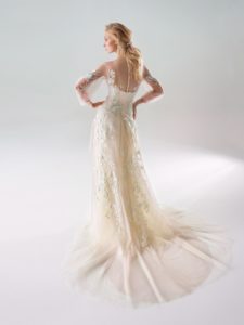 Style #18/1907L, bishop sleeve A-line wedding dress with floral lace embroidery and illusion back, available in ivory-pink