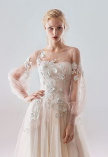 Style #18/1907L, bishop sleeve A-line wedding dress with floral lace embroidery and illusion back, available in ivory-pink