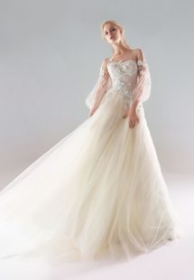 Style #18/1907L, bishop sleeve A-line wedding dress with floral lace embroidery and illusion back, available in ivory-pink