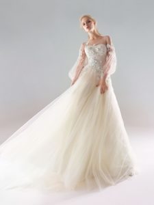 Style #18/1907L, bishop sleeve A-line wedding dress with floral lace embroidery and illusion back, available in ivory-pink