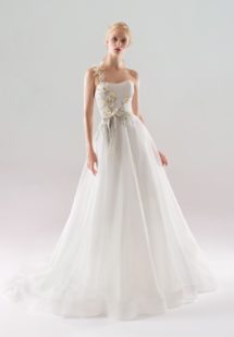 Style #18/1909L, one strap A-line wedding dress with 3-D floral embroidered top and flowy organza skirt, available in ivory