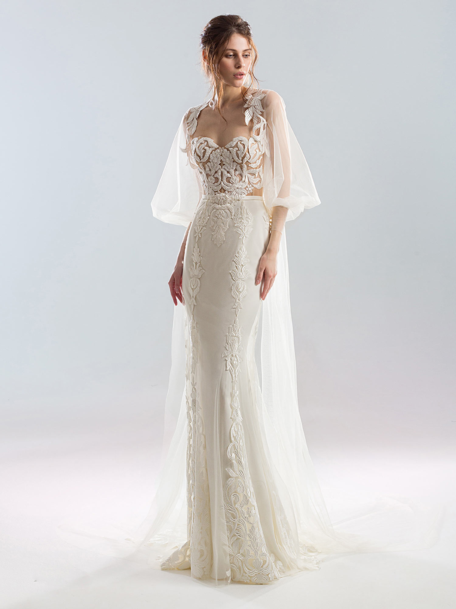 Style #1910L, available in ivory; Style #1910-7 (cape), available in ivory